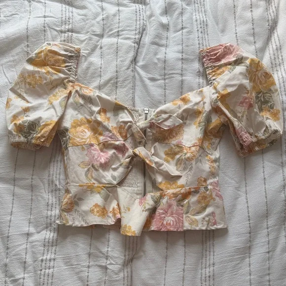 Wayf Floral Tie-Front Puff Sleeve Top - Cream with Yellow & Pink - Picture 1 of 3